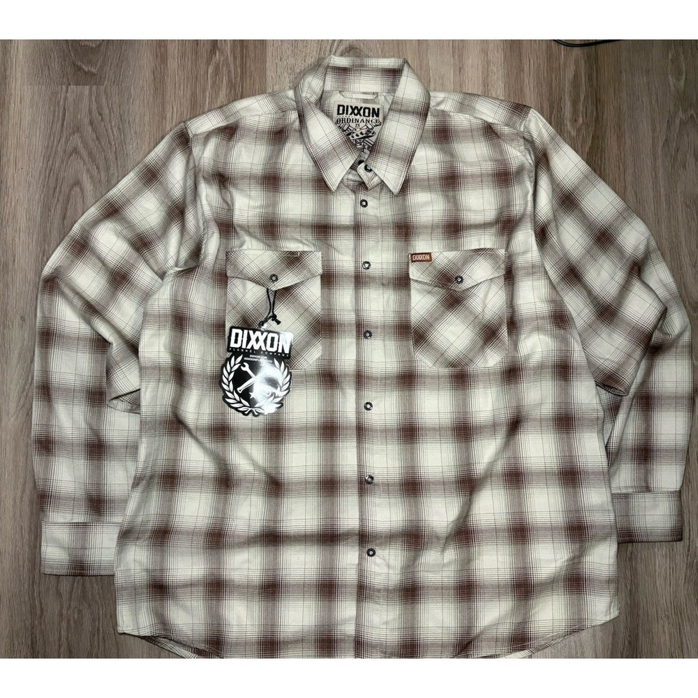 DIXXON Flannel Ordinance Men's‎ 2X Snap Button Brown Khaki Tan Plaid Shirt NWT - Picture 4 of 10